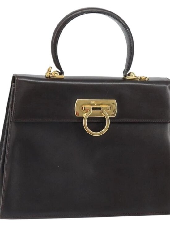 Salvatore Ferragamo Handbags - Salvatore Ferragamo Gancini Hand Bag Leather 2way Brown Gold Auth 162468